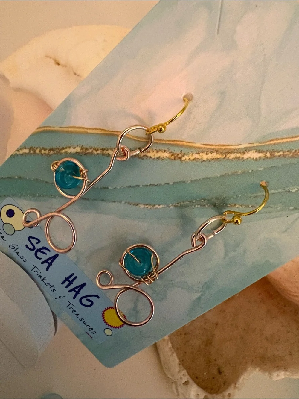 Sea Hag Wire Wrapped Sea Glass Earrings - Turquoise & Rose Gold